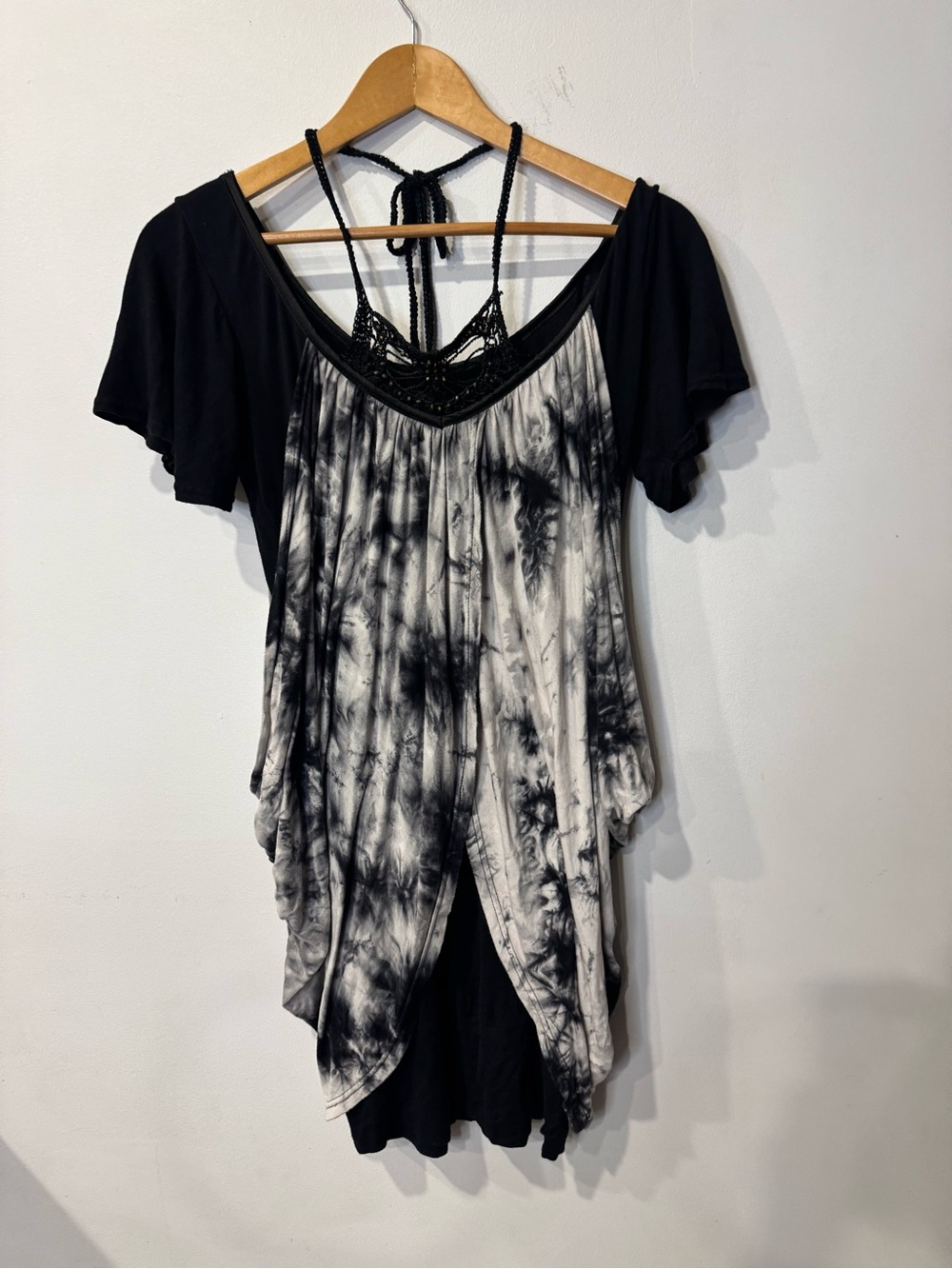 Y2K Japanese Tie Dye Dress Draped Layered Boho Crochet Beaded Black Rayon